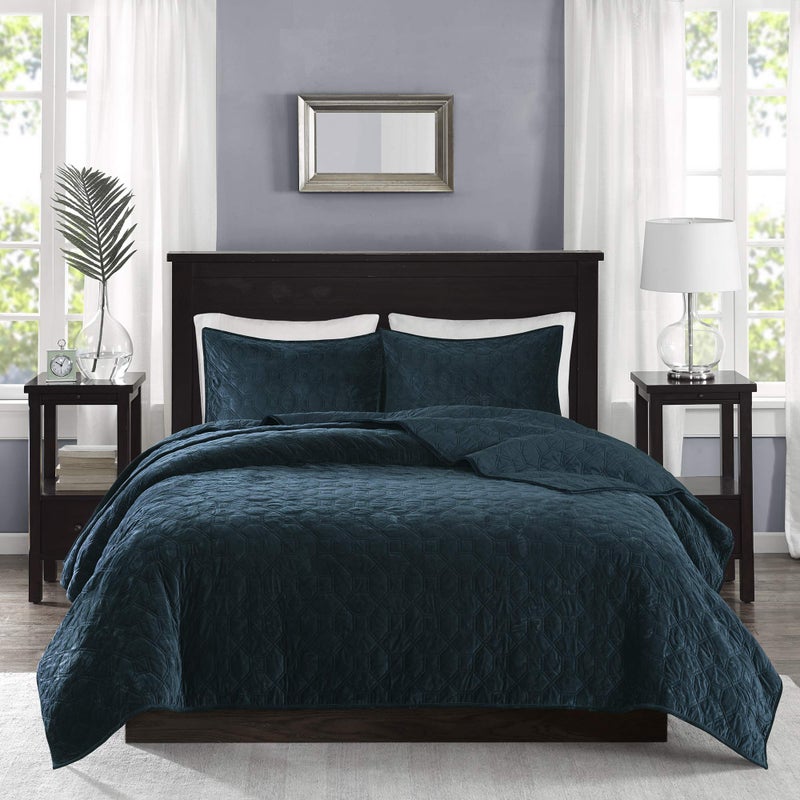 Madison Park Harper Quilt Set Velvet Casual Geometric Stitching Design All Season, Lightweight Coverlet, Cozy Bedding, Matching Shams, Full/Queen(90"x90"), Teal 3 Piece - Image 3
